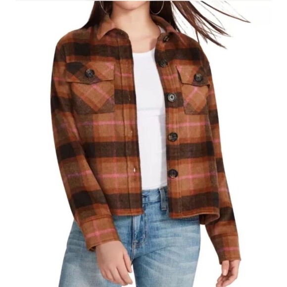 Steve Madden Jackets & Blazers - Steve Madden BB Dakota Women's Brown/Pink Plaid Shacket Shirt Size XL NWOT